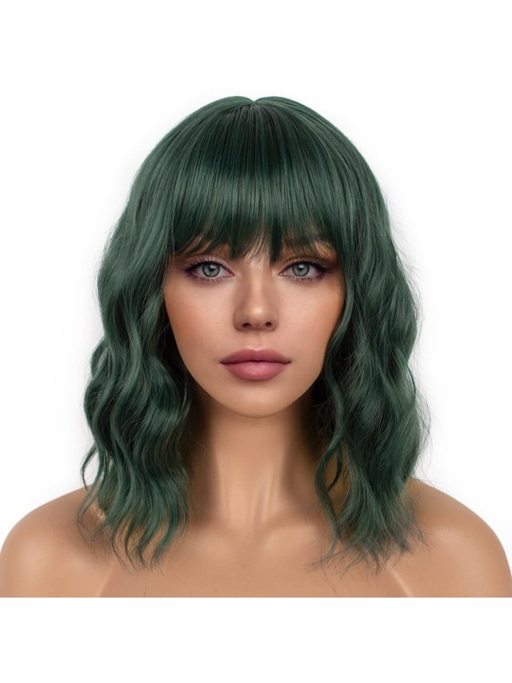 Women's Dark Green Shoulder Length Synthetic Loose Wavy Short Bob Wigs Bangs
